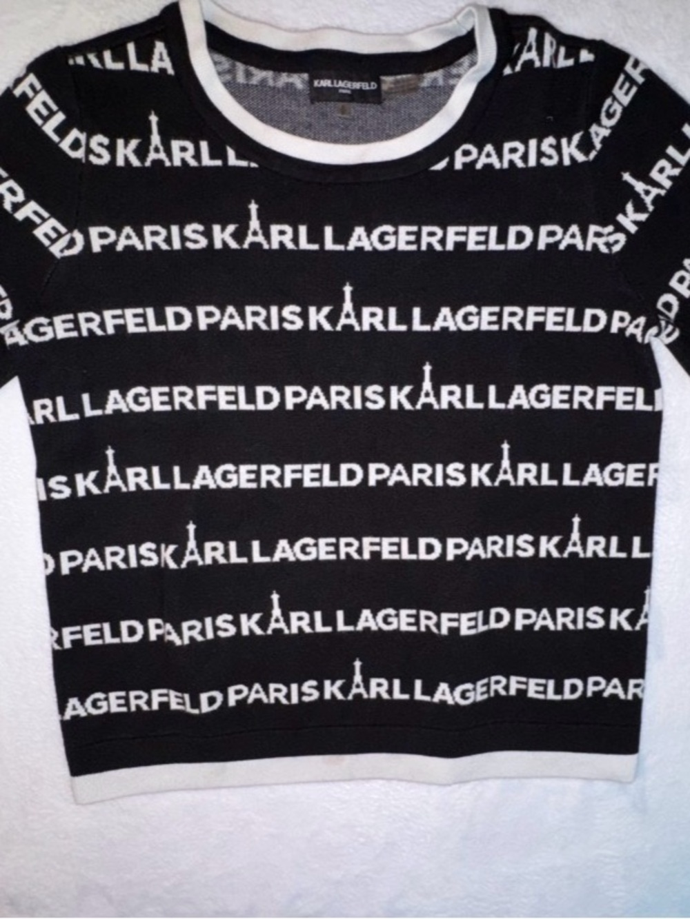 Karl Lagerfeld Paris Logo Knit Sweater Sz S B/W - Picture 6 of 8